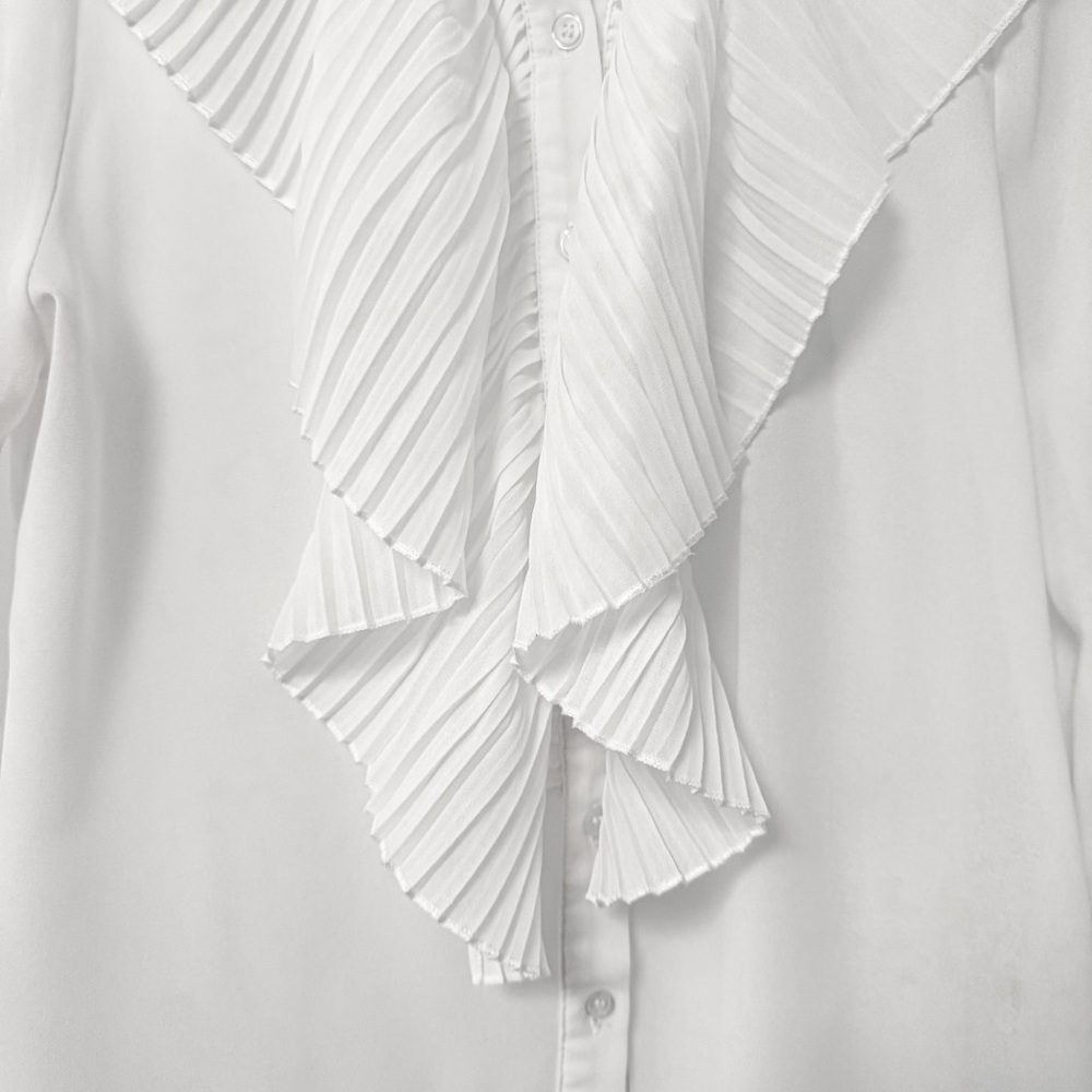 Fashion Nova Sheer‎ Spring Button Down Pleated Ruffle Preppy Blouse White Medium - Picture 4 of 8